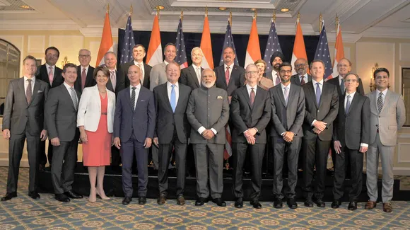 The Prime Minister,Narendra Modi in a group-photograph with the US Business Leaders, at Washington DC, USA on June 25, 2017.