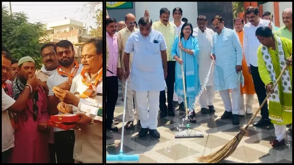 वक्फ संशोधन बिल पास होने की खुशी में लोगों को मिठाई बांटते भाजपाई (बाएं) शुक्रवार को भाजपा उत्तर जिला इकाई ने चलाया सफाई अभियान (दाएं) 