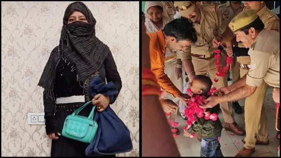 पुलिस के शिकंज में आई महिला (बाएं), बच्ची को फूलमाला पहनाते पुलिसवाले (दाएं)