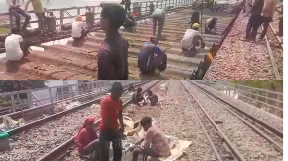 रेलवे के गंगा पुल पर काम में जुटे मजदूर (ऊपर) , गर्मी में थककर चूर हुए मजदूर सुस्ताते हुए।(नीचे)