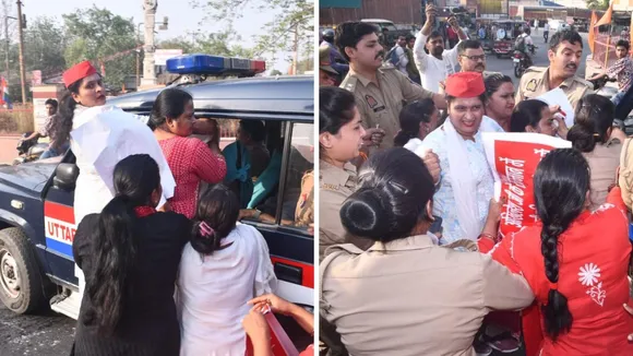 प्रदर्शन के दौरान पुलिस कार्रवाई का विरोध करतीं सपा कार्यकर्ता (दाएं), सपा नेता के पकड़े जाने पर पुलिस की जीप पर चढ़ीं सपा की महिला नेता(बाएं)।