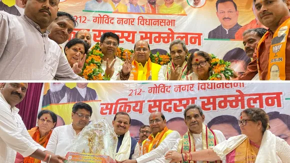 सम्मेलन में मौजूद नेता (ऊपर), भाजपा के सक्रिय कार्यकर्ताओं का सम्मान करते भाजपा नेता।