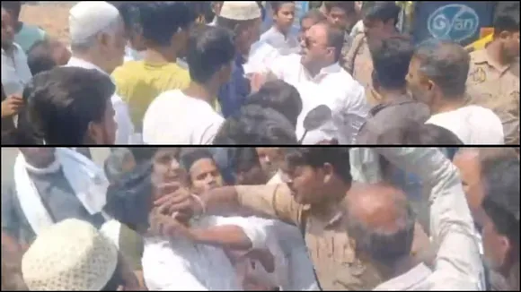 जनता के बीच घिरे सपा विधायक रूमी हसन (ऊपर) और एक शिकायतकर्ता को धकियाता उनका गनर (नीचे)। 