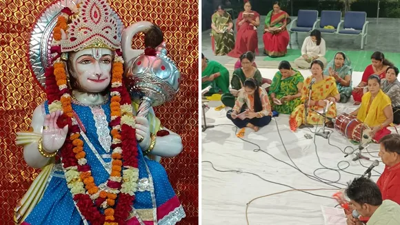 केशवनगर के रामेष्ट धाम में विराजित पवनपुत्र (बाएं) और भजन कीर्तन में शामिल भक्त (दाएं)। 