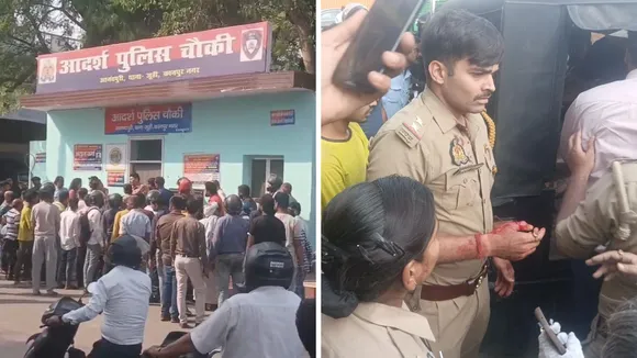 पुलिस चौकी पर लगी लोगों की भीड़ (बाएं), दबंग के हमले में घायल एसआई (दाएं)।