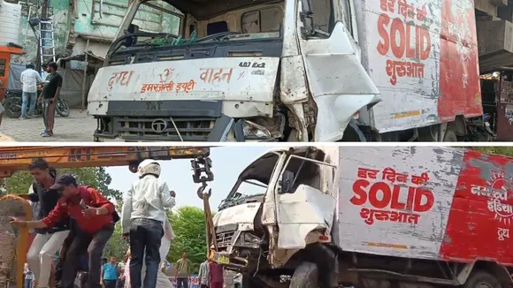 इसी गाड़ी से हुआ हादसा (ऊपर) और क्रेन से हटाया जाता वाहन (नीचे)।