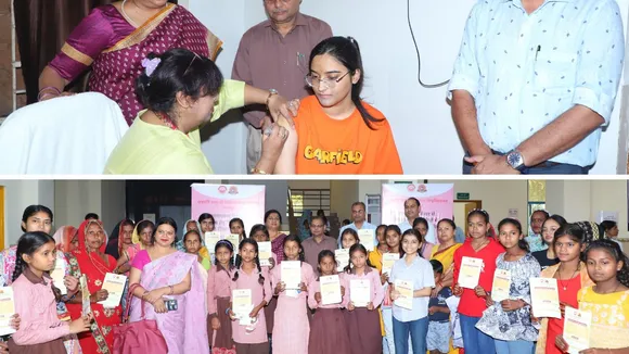 विश्वविद्यालय में लगाए गए किशोरियों को टीके (ऊपर) और कार्यक्रम में मौजूद लोग (नीचे)।
