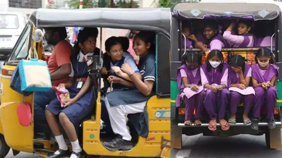 ई-रिक्शा से स्कूल जाते बच्चे