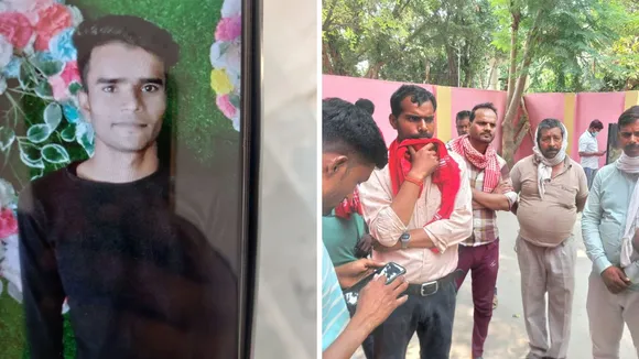 संदीप गौतम का फाइल फोटो और पोस्टमार्टम हाउस पर दुखी परिजन।