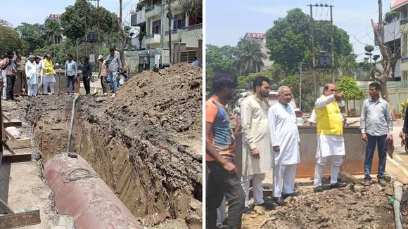 पाइप लाइन डाले जाने का निरीक्षण करने के बाद हिदायत देते विधायक सुरेंद्र मैथानी।