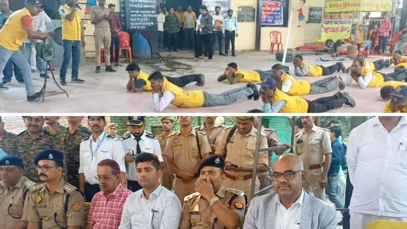 माँक ड्रिल में आपदाओं से बचाव का प्रशिक्षण लेते लोग और माँक ड्रिल का जायजा लेते जिलाधिकारी व अन्य अफसर।