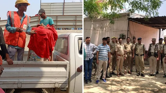 मूर्ति शिफ्ट करते कर्मचारी। मौके पर मौजूद पुलिस फोर्स। 