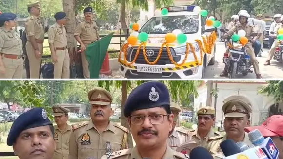 हरी झंडी दिखाकर वाहनों को रवाना करते पुलिस अधिकारी और जानकारी देते संयुक्त पुलिस आयुक्त आशुतोष कुमार।
