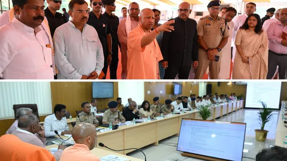 प्रधानमंत्री नरेंद्र मोदी के सभा स्थल का निरीक्षण करते और अधिकारियों संग बैठक करते मुख्यमंत्री योगी आदित्यनाथ।