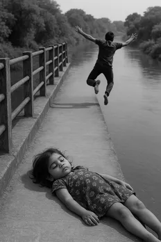 Laying the girl on the bridge she jumped into the river