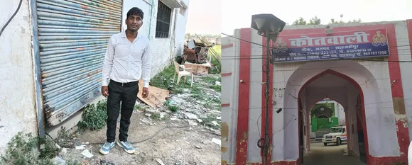 Manager Suresh Kumar showing the broken shutter after the theft at the Instacart warehouse in Maujampur village.