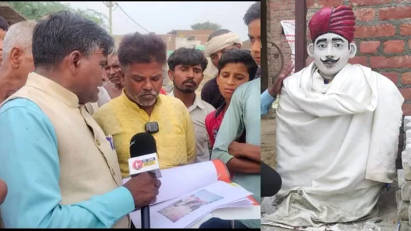 कलान के खजुरी गांव में जमीन पर धूल धूसरित परमवीर चक्र नायक जदुनाथ सिंह की प्रतिमा तथा मनरेगा में फर्जीवाडा के सबूत देखते ग्राम प्रधान