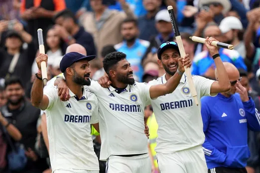 India fast bowlers Akash Deep, Mohammed Siraj and Prasidh Krishna celebrate the win, England vs India, 5th Test, 5th day, The Oval, August 4, 2025