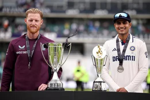 Ben Stokes and Shubman Gill pose with the Rothesay and Anderson-Tendulkar trophies, England vs India, 5th Test, 5th day, The Oval, August 4, 2025