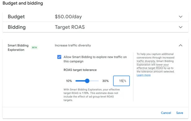 Smart Bidding Exploration interface in Google Ads UI