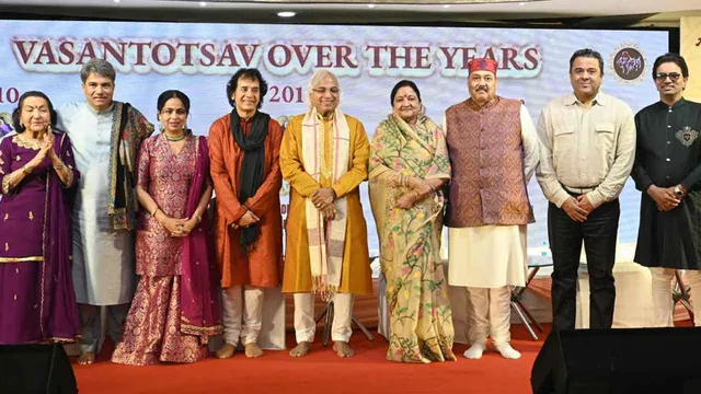 Getting  ‘daad-taaliyan’  from  iconic Ustad Zakir Hussain-- classical maestros Pt. Mahesh Kale and  Awardee Pt.  Suresh Talwalkar  showcase their divine swar-taal at Acharya Jialal VASANTOTSAV-2024 by Chaitanya Padukone
