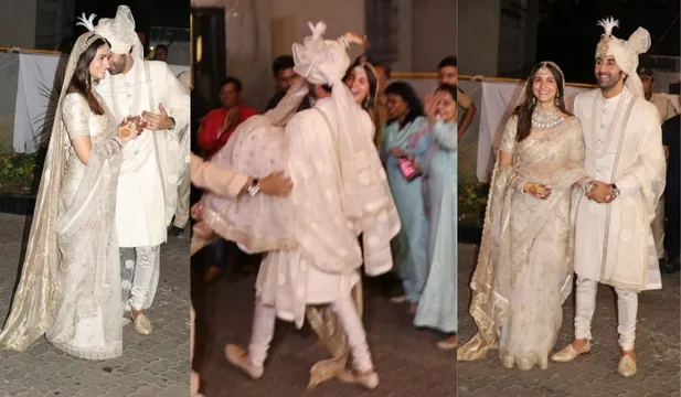 शादी के बाद पहली बार मीडिया के सामने आए आलिया और रणबीर, उठाया अपनी दुल्हन को गोद में