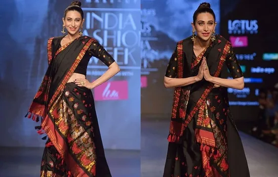 ब्लैक साड़ी पहन रैंप पर उतरी करिश्मा कपूर, ग्लैमरस तस्वीरें हुई वायरल