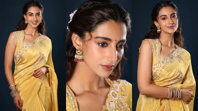 గోల్డెన్ శారీలో మీనాక్షి మెరుపులు.. చూస్తే ఫిదా అవుతారు