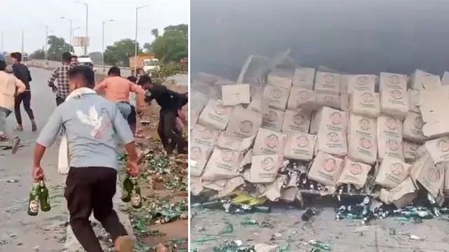 ఓరి మీ దుంప తెగ .. బీర్ బాటిళ్ల ట్రక్‌ బోల్తా.. ఎగబడి మరీ పట్టుకెళ్లారు! - VIral Video