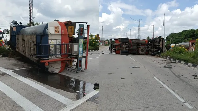 AP Crime: కారు ఢీకొని ఇండియన్ ఆయిల్ ట్యాంకర్ బోల్తా.. లీక్ అవుతున్న పెట్రోల్!!