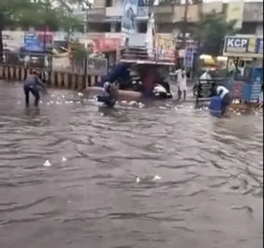 వరదలో కొట్టుకొచ్చిన పాలప్యాకెట్లు, ఎగబడిన జనం..