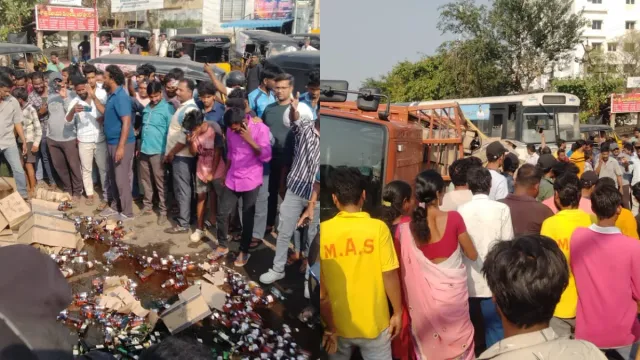 Liquor Lorry Video: ఏపీలో మద్యం లారీ బోల్తా.. మందుబాబులకు జాతరే జాతర..!