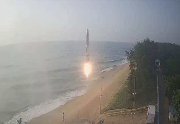 Sriharikota: The Agnibaan rocket, powered by the world's first single-piece 3D printed semi-cryogenic engine, lifts off from its launch pad at Sriharikota on Thursday, May 30, 2024. (Photo: IANS/@AgnikulCosmos)