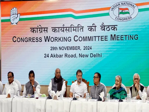 New Delhi: Congress President Mallikarjun Kharge, Leader of Opposition in Lok Sabha Rahul Gandhi party General Secretary in-charge (Organisation) KC Venugopal, Congress MP P. Chidambaram, party leader Randeep Singh Surjewala, and others during Congress Working Committee meeting at AICC Headquarter in New Delhi on Friday, November 29, 2024. (Photo: IANS)
