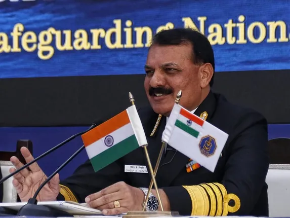 Navy Chief Admiral Dinesh Kumar Tripathi addresses the annual Navy Day press conference at Kota House in New Delhi on Monday Dec 2, 2024.