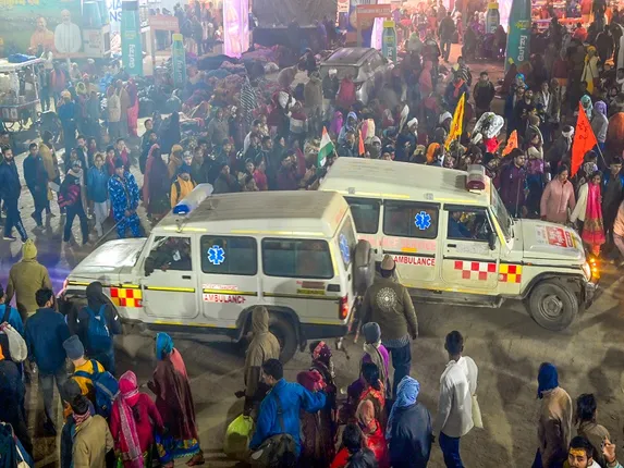 Prayagraj: Ambulances respond after a stampede at Sangam on 'Mauni Amavasya' at the ongoing Maha Kumbh Mela 2025 in Prayagraj on Wednesday, January 29, 2025. (Photo: IANS)