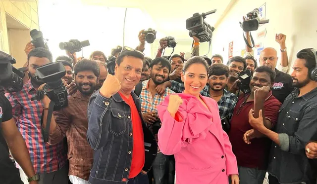 Tamannah bhatia & Madhur Bhandarkar promoting "Babli Bouncer" in Hyderabad