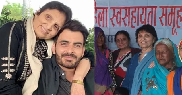 Maya Kaul with her son, writer and actor Manav Kaul (left), and with anganwadi workers she supports across Madhya Pradesh (right).