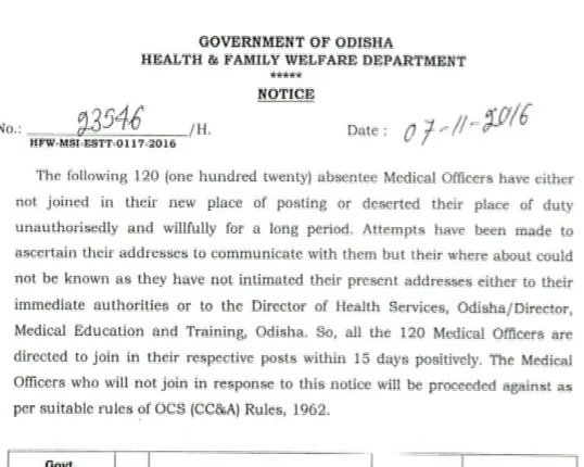 ଠକ ଡାକ୍ତରଙ୍କ ପାଇଁ ଫତୁଆ ଜାରିକଲେ ରାଜ୍ୟ ସରକାର : କାମରେ ଯୋଗ ଦେଉନଥିବା ୧୨୦ ଜଣଙ୍କୁ ନୋଟିସ୍