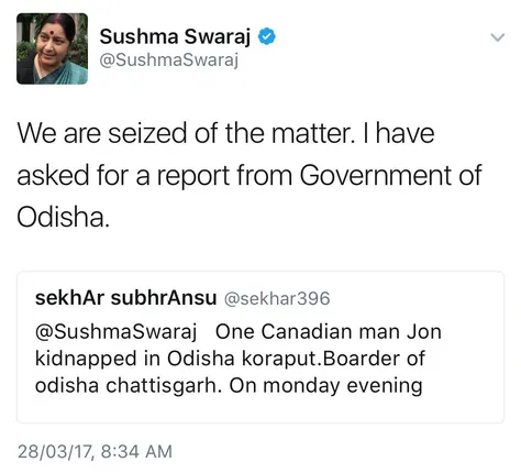 ମାଲକାନଗିରି ସୀମାରୁ ବିଦେଶୀ ନାଗରିକଙ୍କୁ ଅପହରଣ ! ଟ୍ୱିଟ ଜରିଆରେ ଓଡିଶା ସରକାରଙ୍କୁ ରିପୋର୍ଟ ତଲବ କଲେ ବୈଦେଶିକ ମନ୍ତ୍ରୀ ସୁଷମା ସ୍ୱରାଜ