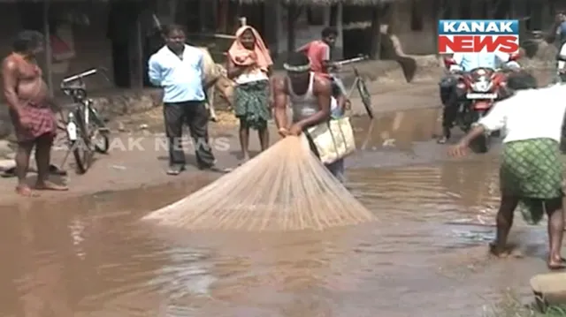 ରାସ୍ତା ମଝିରେ ପୋଖରୀର ଭ୍ରମ ! କୃତ୍ରିମ ପୋଖରୀରୁ ମାଛ ଧରିଲେ ଲୋକେ