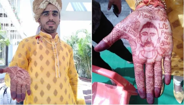 କେବଳ ନିଶ ନୁହେଁ ମେହେନ୍ଦୀ ମାଧ୍ୟମରେ ମଧ୍ୟ ଅଭିନନ୍ଦନଙ୍କୁ ଦିଆଗଲା ସଲାମି ! କନ୍ୟା ନାମ ବଦଳରେ ଅଭିନନ୍ଦନଙ୍କ ନାଁର ମେହେନ୍ଦୀ ଲଗାଇଲା ବର ।   