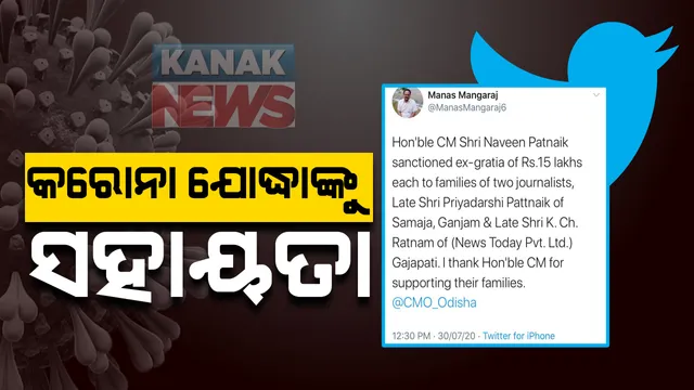 କରୋନା ଯୋଦ୍ଧାଙ୍କୁ ସହାୟତା : ମୃତ ୨ ସାମ୍ବାଦିକଙ୍କ ପରିବାରକକୁ ମିଳିବ ୧୫ ଲକ୍ଷ, ଟୁଇଟ କରି ସୂଚନା ଦେଲା ମୁଖ୍ୟମନ୍ତ୍ରୀଙ୍କ କାର୍ଯ୍ୟାଳୟ; ଗଂଜାମ ଓ ଗଜପତିର ୨ ଦିବଂଗତ ସାମ୍ବାଦିକଙ୍କ ପରିବାରକୁ ମିଳିବ ସହାୟତା