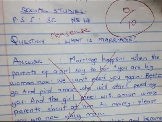 ସାମାଜିକ ବିଜ୍ଞାନ ପରୀକ୍ଷାରେ ଛାତ୍ର ଲେଖିଲେ ବାହାଘରର ସଂଜ୍ଞା । ଯାହାକୁ ପଢିଲେ ଆପଣ ହସି ହସି ବେଦମ ହେବେ । ଭାଇରାଲ ହେଉଛି ଉତ୍ତର