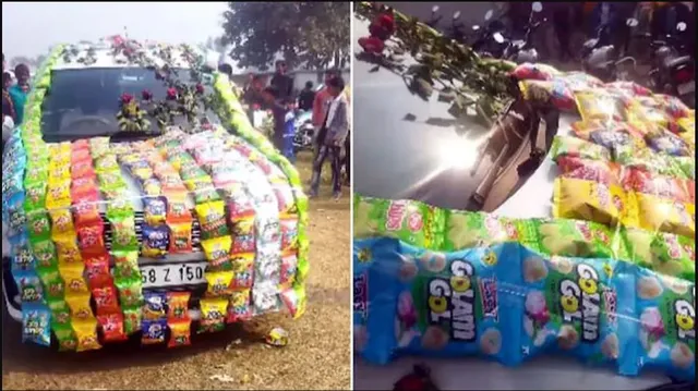 ଫୁଲରେ ନୁହେଁ ଚିପ୍ସ ଓ କୁରକୁରେରେ ସଜାହୋଇଛି ବରର ଗାଡି । ଭିଡିଓ ହେଲା ଭାଇରାଲ