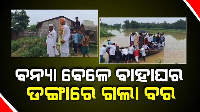 ବାହାଘର ପୂର୍ବରୁ ପ୍ରବଳ ବର୍ଷାରେ ଗାଁ ରେ ଦେଖାଦେଲା ବନ୍ୟା ସ୍ଥିତି । ଡଙ୍ଗାରେ ହେଲା ବାହାଘର ଶୋଭାଯାତ୍ରା