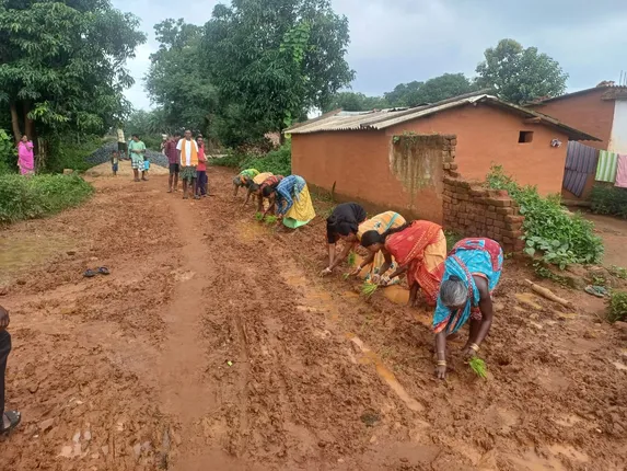 VILLAGERS PLANT SAPLING on  road