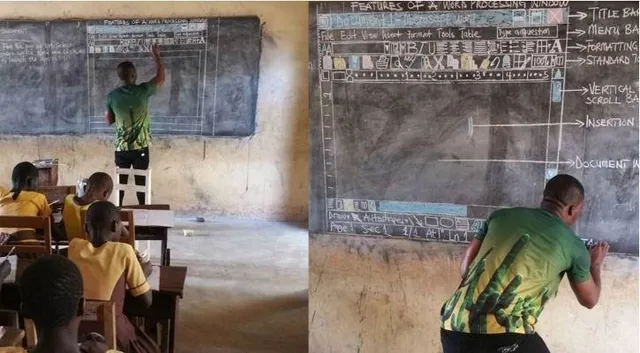 ନିଆରା ଶିକ୍ଷକ: ଛାତ୍ରଙ୍କୁ କଳାପଟାରେ ମାଇକ୍ରୋସଫଟ୍‌ ଓ୍ଵାର୍ଡର ମେନ୍ୟୁ ଚିତ୍ର ଦେଖାଇ ପାଠ ବୁଝାଇ ଚର୍ଚ୍ଚା ପାଲଟିଲେ