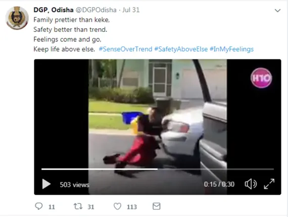 ‘କିକି ଚାଲେଞ୍ଜ୍‌’: ଟ୍ଵିଟ୍‌ କରି ସଚେତନ କଲା ପୁଲିସ, ଅଭିଯୋଗ ହେଲେ ୨ବର୍ଷ ଜେଲ୍‌, ଜରିମାନା