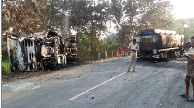 ଦୁର୍ଘଟଣା ନେଲା ୪ ଜୀବନ ଧକ୍କା ପରେ ଜଳିଗଲା ଟ୍ୟାଙ୍କର ଓ ଟ୍ରକ, ଜଣେ ମୃତ